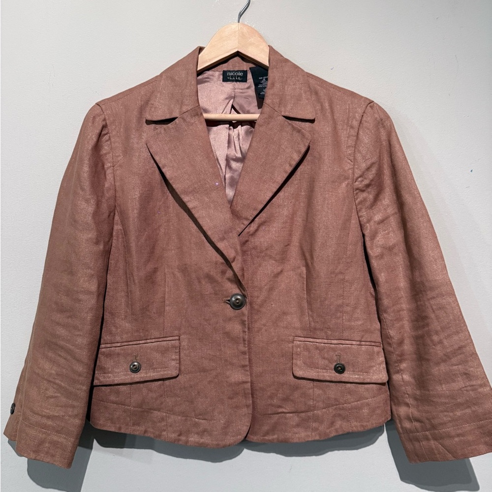 Nicole Miller Linen Blazer Jacket Womens 12 Beige 3/4 Sleeve Cropped Business